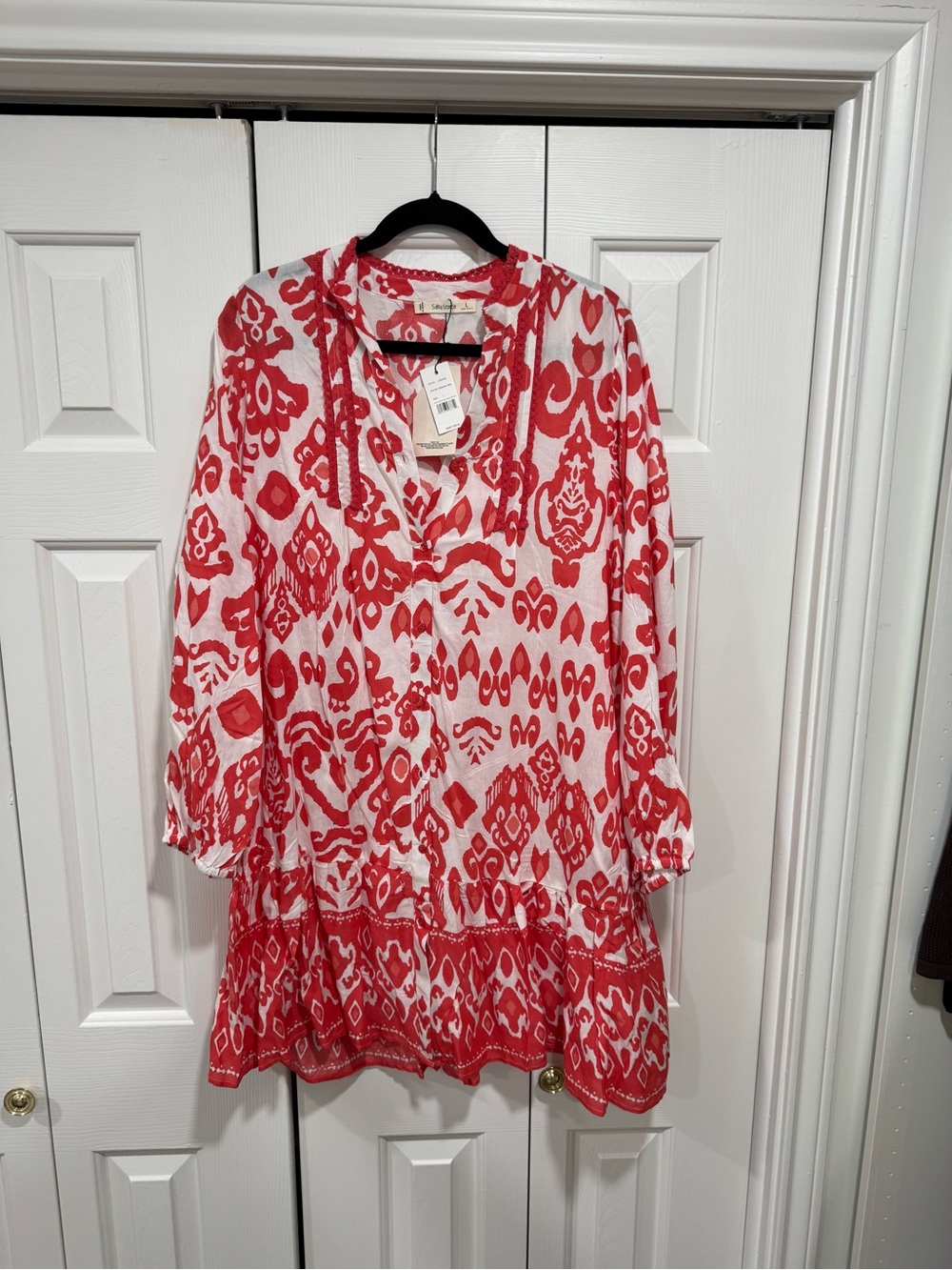 Salty Lemon Red White Print Long Sleeve V-Neck Tunic Ruffle Dress Large LSD3784